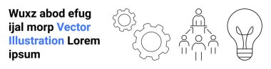 İş yapısı, yenilik, takım çalışması, problem çözme, beyin fırtınası, liderlik. Dişliler, hiyerarşi şeması ve ampul ikonu. İş yapısı ve yenilik kavramı