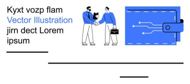 Dijital işlemler, siber güvenlik, çevrimiçi ödemeler, finansal teknoloji, modern iş, yenilik. El sıkışan iki adam ve dijital bir cüzdan. Dijital işlemler ve siber güvenlik kavramları