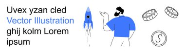Girişimcilik, girişim büyümesi, iş başarısı, yenilik, finansal strateji, ekonomik kalkınma. Roket ve sikkeye doğru hareket eden bir adam. Girişimcilik ve başlangıç büyüme kavramı