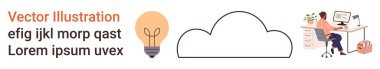 Yenilik, bulut hesaplama, uzaktan çalışma, teknoloji, iş, yaratıcılık. Ampul, bulut şekli ve çalışan bir kadın. Yenilik ve bulut hesaplama yaratıcılığa ve iş çözümlerine ilham verir