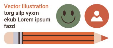 Eğitim, yaratıcılık, kullanıcı arayüzü, markalaşma, grafik tasarım, iletişim. Bir kalem, yeşil mutlu bir yüz ve kırmızı profil ikonu ve yer tutucu metin. Düz tasarımda eğitim ve yaratıcılık