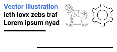 Geometrik Truva atı dişli çarkın yanında çizim yapıyor. Yer tutucu metni çeşitli stillerde. Teknoloji, siber güvenlik, mühendislik, tasarım, eğitim, pazarlama, basit iniş sayfası için ideal