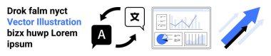 Dil çeviri simgeleri, veri analiz grafikleri ve büyümeyi simgeleyen yukarı doğru bir ok. Teknoloji, ticaret, eğitim, iletişim, analitik, küresel ulaşım için ideal basit iniş sayfası