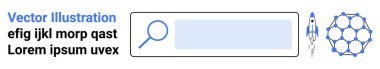 Web navigasyon, bilim, eğitim, arama teknolojisi, yenilik, moleküler araştırma. Büyüteç, roket ve moleküler yapısı olan bir arama çubuğu. Web gezinti ve bilim konsepti