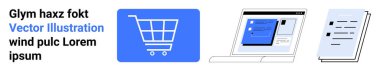 E-ticaret, online alışveriş, dijital platformlar, teknoloji, kullanıcı arayüzü tasarımı, iş belgeleri. Alışveriş arabası simgesi, arayüzlü laptop ekranı ve kağıt dökümanı. E-ticaret ve online
