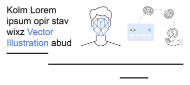 Yüz tanıma, dijital ödemeler, biyometreler, yapay zeka teknolojisi, çevrimiçi güvenlik, finansal işlemler. Yüz örgüsü ve para transferi bileşenleri olan bir insan yüzü. Yüz Yüzü