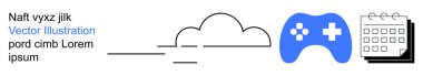 Oyun, bulut teknolojisi, dijital olaylar, programlama, online eğlence, çok oyunculu deneyimler. Mavi kumanda, bulut çizgisi ve takvim. Oyun ve bulut teknolojisi kavramı