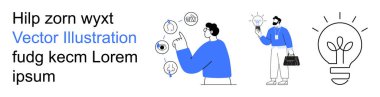 Fikir üretimi, problem çözme, yenilik, takım çalışması, beyin fırtınası, yaratıcılık. Simgeleri gösteren ve elinde ampul tutan bir kişinin olduğu minimalist tasarım. Fikir üretimi ve problem çözme