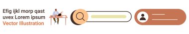 Kullanıcı arayüzü, dijital araçlar, web tasarımı, kullanıcı deneyimi, navigasyon, profiller. Büyüteç simgesi ve profil düğmesi olan bir arama çubuğu. Kullanıcı arayüzü ve dijital araçlar kavramı