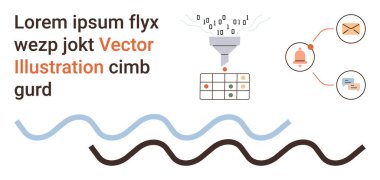 Veri analizi, dijital iletişim, yapay zeka işlemleri, bilgilendirmeler, e-posta yönetimi, soyut tasarım. Veri tablosu olan ikili bir huni, e-posta simgeleri, uyarılar ve dalgalı elementler. Dijital