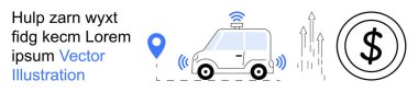 Ulaşım, teknoloji, fintech, GPS izleme, otomatik sürüş araçları, otomasyon. Kablosuz sinyalleri, GPS şifresi ve finansal büyümeyi gösteren dolar işareti olan otomatik çalışan bir araba. Teknoloji