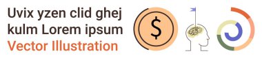 İş stratejisi, ekonomik analiz, finansal planlama, yaratıcı düşünce, veri görselleştirme, ilerleme takibi. Dolar işareti, bayrak dairesel grafikli beyin. Finansal planlama ve yaratıcı