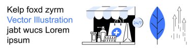 E-ticaret, sağlık, eczane teslimatı, online alışveriş, sürdürülebilirlik, doğa büyümesi. Eczane çantası, tıbbi sembol, mavi yaprak ve büyüyen oklarla dolu bir dükkan. E-ticaret ve sağlık hizmetleri