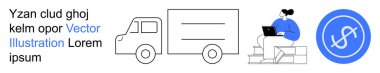 E-commerce, logistics, digital payment, delivery services, financial transactions, technology integration. Outlined truck, seated person using a laptop and payment icon. E-commerce and logistics