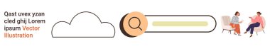 Arama motoru optimizasyonu, online araştırma, bulut depolama, dijital etkileşim, iletişim, takım tartışması. Bulut simgesiyle arama barı ve iki kişi sohbet ediyor. Arama motoru