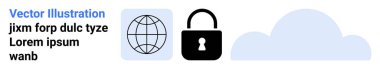 Siber güvenlik, veri gizliliği, bulut depolama, çevrimiçi koruma, ağ oluşturma, dijital güvenlik. Bir küre, asma kilit ve bulut simgesi. Siber güvenlik ve veri gizlilik kavramı