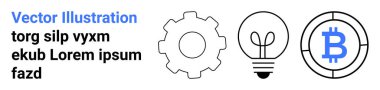 Teknoloji geliştirme, yenilik, kripto para birimi, engelleme zinciri, dijital finans, enerji verimliliği. Minimalist teçhizat, ampul ve Bitcoin sembolleri. Teknoloji ve yenilik kavramları