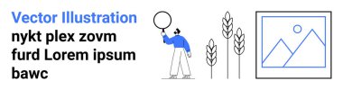 Elinde balon tutan kişi, üç buğday sapı, güneş ve dağlarla çerçevelenmiş soyut manzara sanatı. Tarım, sürdürülebilirlik, sanat, büyüme, yaratıcılık, basitlik ve basit bir iniş için ideal