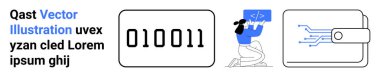Kodlama eğitimi, dijital öğrenme, siber güvenlik, programlama, veri koruması ve teknoloji gelişimi. İkili kod, elinde kodlama sembolleri ve dijital cüzdan tutan bir kadın. Kodlama eğitimi