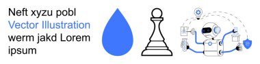 Technology, artificial intelligence, innovation, decision-making, strategy, data management. Icons include a water drop, chess piece and robot connected to data. Artificial intelligence and strategy