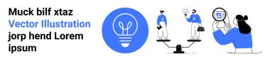 Teamwork, decision-making, innovation, business analysis, research, leadership. Blue lightbulb icon, people analyzing ideas balanced scale imagery. Innovation and business analysis concept