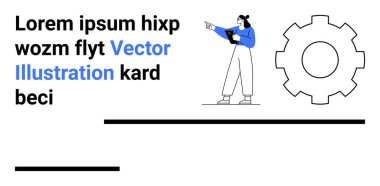 Bir dişli ikonunun yanında elinde pano tutan ve işaret eden bir kadın. Takım çalışması, analiz, üretkenlik, yenilik, organizasyon, iş büyümesi ve basit bir iniş sayfası için ideal
