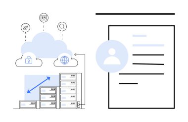 Dijital kimlik, bulut depolama, siber güvenlik, veri yönetimi, bilişim işlemleri, çevrimiçi belgeler. Veri sunucuları ve kullanıcı profili grafikli bulut sistemi. Dijital kimlik ve bulut depolama