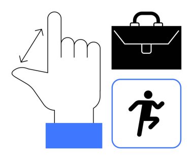Teknoloji, iş aletleri, hareket, etkileşim, ilerleme, hareket tanıma. El yapımı jest, evrak çantası çalışan figür. Jest tanıma ve iş araçları kavramı
