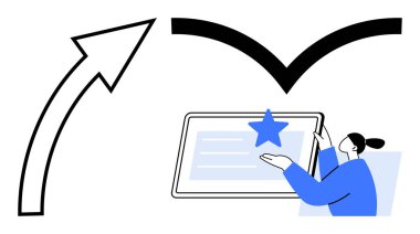 Büyüme, başarı, dönüşüm, eğitim, hedef belirleme, dijital öğrenme. Tablet ekranında yukarı doğru ok ve işaretle bir yıldızı işaret eden kişi. Büyüme ve başarı görselleştirme