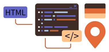 Web tasarımı, kodlama, programlama eğitimi, dijital araçlar, konum hizmetleri, teknoloji görselleştirmeleri. HTML etiketi ve konum işaretleyicisi ile kod arayüzü. Web tasarımı ve kodlama bağlamı