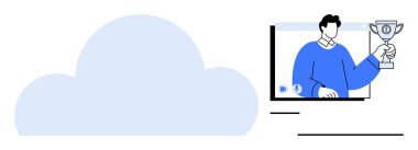 Dijital ekranın yanında elinde kupa tutan birini gösteren büyük bir bulut simgesi. Dijital araçları, bulut hesaplamasını, sanal tanımayı ön plana çıkarıyor. Uzak takım çalışması, başarı, online ödüller için ideal