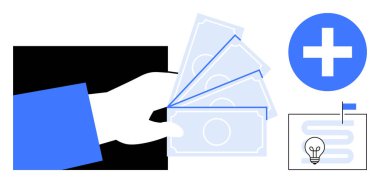 Finansal konsept. Finansal semboller arasında el ele tutuşan bir para birimi notu, stratejik planlama tasviri ve tıbbi haç simgesi de var. Yatırım ve hedeflere ulaşmak için finansal araçlar. Bankacılık için