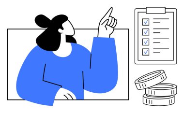 Kişisel finans, verimlilik, bütçe, proje yönetimi, tasarruf, iş stratejisi. Kontrol listesi ve bozuk paralarla yukarı bakan bir kadın. Kişisel finans ve verimlilik