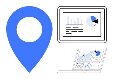 İş analizleri, veri görselleştirme, teknoloji kullanımı, yer belirleme, izleme, rapor oluşturma. Mavi harita iğnesi, tablet ve dizüstü bilgisayarda grafikler. İş analizleri ve veri görselleştirme teması
