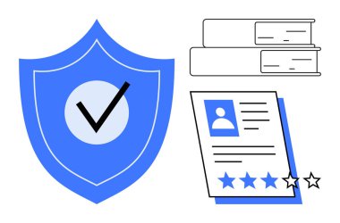 İşaretli mavi bir kalkan, istiflenmiş kitaplar ve içinde fotoğraf ve yıldız reytingleri olan bir belge. Güven, doğrulama, güvenlik, akreditasyon, kaliteli eğitim değerlendirmesi için ideal. Basit düz metafor