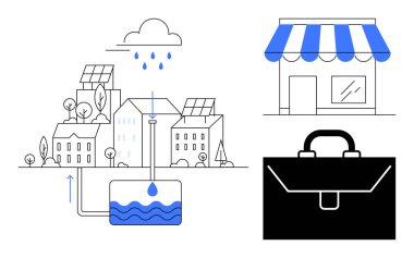 Çevresel farkındalık, kentsel sürdürülebilir tasarım, su tasarrufu, iş büyümesi, çevre dostu girişimler, yenilikçi sistemler. Resimlerde yağmur suyu hasat ediliyor, bir mağaza önü.