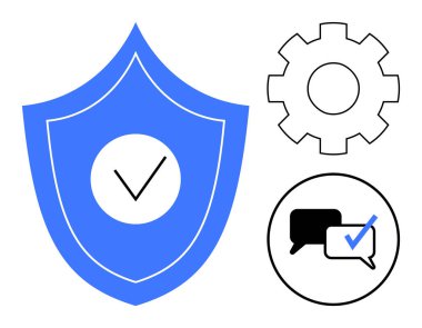 Kontrol işaretli kalkan güvenliği simgeliyor. Yapılandırma için teçhizat, iletişim için sohbet baloncukları. Güvenlik, gizlilik, iletişim, yapılandırma, teknoloji, onay ve destek için ideal