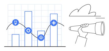 Veri analizi, iş stratejisi, piyasa tahmini, mevsimsel eğilimler, büyüme analizleri, stratejik planlama. Çubuklu çizimler, teleskoplu mevsimlik semboller. Veri analizi ve iş