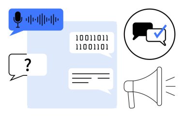 Konuşma tanıma, ikili kod, mesaj gönderme ve dijital iletişim, sosyal medya, yapay zeka araçları ve sesli mesaj teknolojileri ileten megafon simgeleri. Teknoloji, pazarlama ve yapay zeka için ideal.