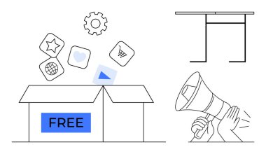 Pazarlama, reklam, iş aletleri, dijital indirmeler, teklifler, promosyonlar. Bedava etiketli ve simgeli bir kutu, megafon masası. Pazarlama ve reklam kavramı