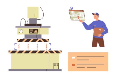 Lojistik, depo yönetimi, teslimat takibi, tedarik zinciri, teknolojik yenilik, paket taşıma. İşçi bir paket tutuyor ve takip haritasını işaret ediyor. Depo yönetimi ve teslimatı