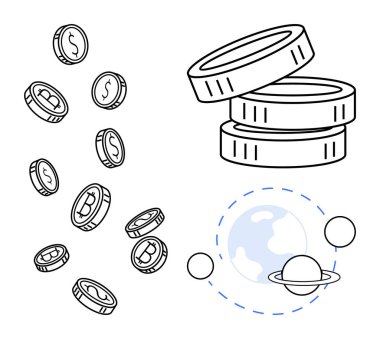 Kripto para birimi, finans, engelleme zinciri, küresel işlemler, dijital ödemeler, yerel para birimi. Dolarlar ve bitcoin sembolleriyle Dünya ve gezegensel simgelerin yanında birikmiş ve düşen paralar