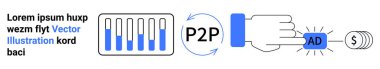 Bireyler arası işlemlerin kavramsal akışı, bar çizelgeleri, P2P etiketleme, reklamlar, para transferi ve etkileşim. Finans, teknoloji ve yenilik için ideal. Reklam ticareti basit girişimler.