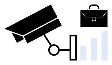 Güvenlik, analitik, iş büyümesi, mahremiyet, gözetim ve şirket denetimi. Güvenlik kamerası, evrak çantası ve bar grafiği gözetleme ve iş büyümesini gösteriyor. Güvenlik