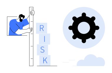 Risk yönetimi. Bir blok yığınını ve vites simgesini analiz eden bir adamla risk alma ve problem çözme görüntüsü. Risk, iş ve operasyonlarda karar vermeyi destekler. Finans, iş ve stratejide kullanım