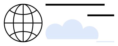 Teknoloji, bulut depolama, küresel iletişim, internet hizmetleri, veri paylaşımı, dijital bağlantılar. Bir dünya ikonu ve minimum çizgileri olan bir bulut şekli. Teknoloji ve bulut depolama kavramı