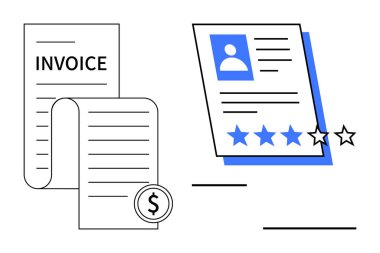 Dolar madeni parasıyla fatura kağıdı ve profil ve yıldız dereceli müşteri değerlendirme formu. İş, finans, müşteri geribildirimi, e-ticaret, veri yönetimi, kalite güvencesi, basit daire