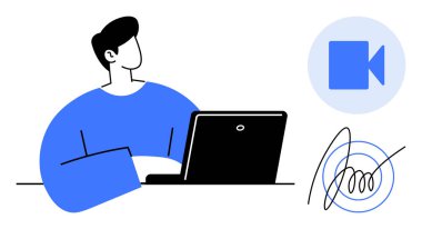 Uzaktan çalışma, video konferans, e-imzalar, online işbirliği, dijital verimlilik, telekomünikasyon. Dizüstü bilgisayarı olan kişi, video arama ikonu dijital imza çizimi. Uzak çalışma