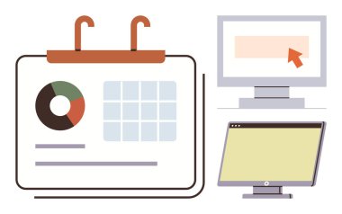 Dijital organizasyon, veri analizi, zaman yönetimi, iş akışı verimliliği, teknoloji kullanımı, görsel iletişim. İçinde pasta grafiği ve iki bilgisayar ekranı olan bir takvim. Dijital organizasyon ve veri