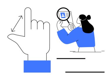 Kimlik konsepti. İllülasyon, el hareketi ve kişisel profil verilerine odaklanan büyüteçle kullanıcı tanımlaması gösteriyor. Güvenlik, teknoloji, veri analizi için kimlik, UX